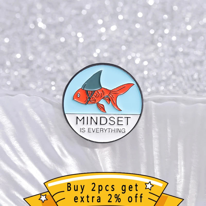 Set of 2 Positive Quote Enamel Pins - Fish & Shark Gold-Tone Brooches for Kids & Friends