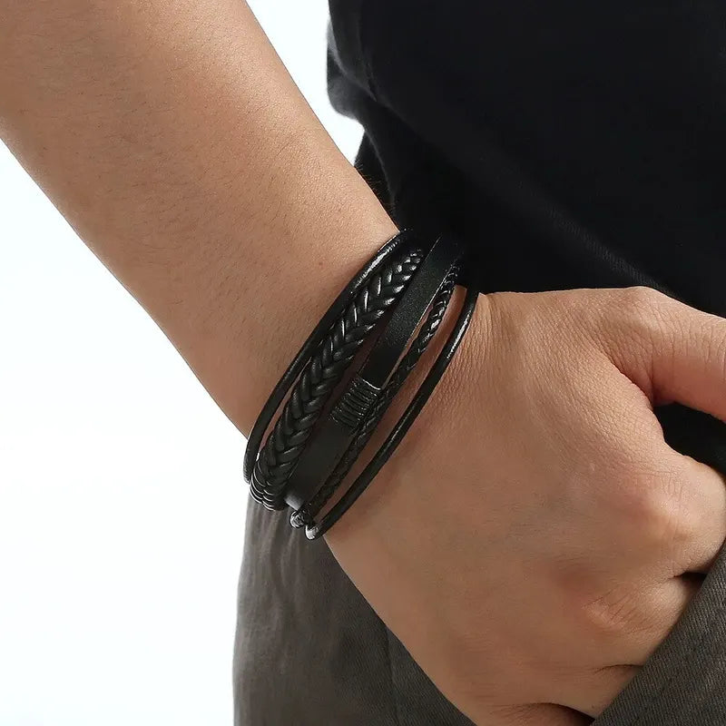Men's Genuine Leather Multilayer Braided Rope Bracelet - Stylish Jewelry for Men