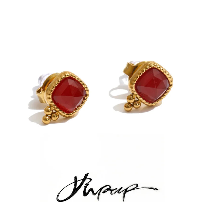 Square Stud Earrings with African Jade Agate Stone in Gold & Silver Tones – Women’s Retro Jewelry