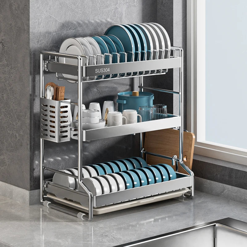 Stainless Steel Kitchen Storage Rack with Multiple Tiers for Plates Bowls Utensils