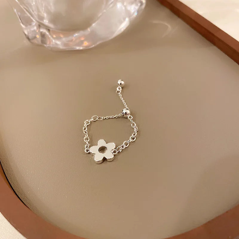 Sterling Silver Flower Ball Long Tassel Chain Ring for Women - Adjustable Trendy Jewelry