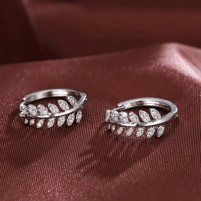 Simple Leaf Olive Hoop Earrings for Women - Crystal CZ Jewelry