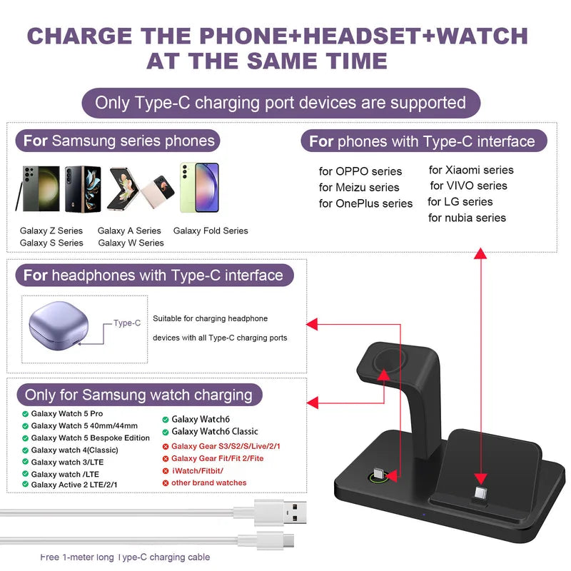 3 in 1 Wireless Charging Dock Station for Samsung Galaxy Watch and Phone