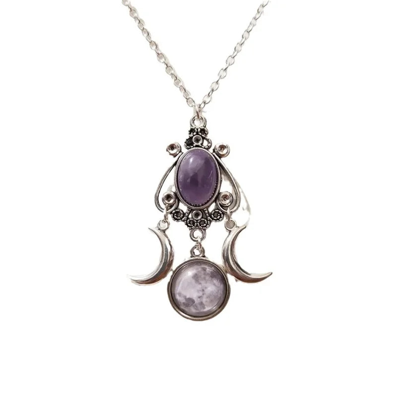 Green Quartz Crystal Necklace for Women Vampire Embossed Witch Jewelry - Multiple Metal Colors