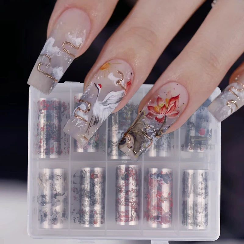 Nail Foils 10pcs Chinese Character Crane Bamboo Flower Plum Design, Transfer Stickers for Nail Art
