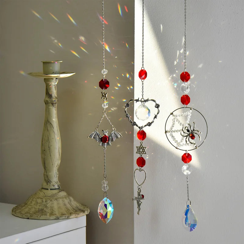3pcs Gothic Spider Web Wind Chimes with Crystals Wall Decor for Halloween and Home Garden