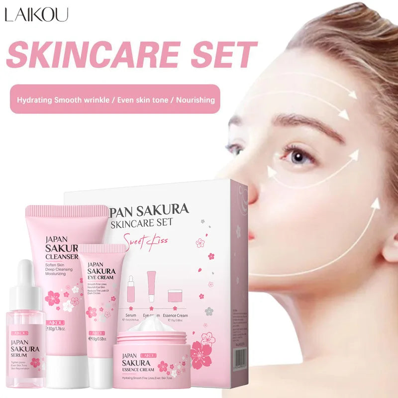 Sakura Skin Care Set with Cleanser, Serum, Eye Cream, Face & Essence Cream - Gift for Women