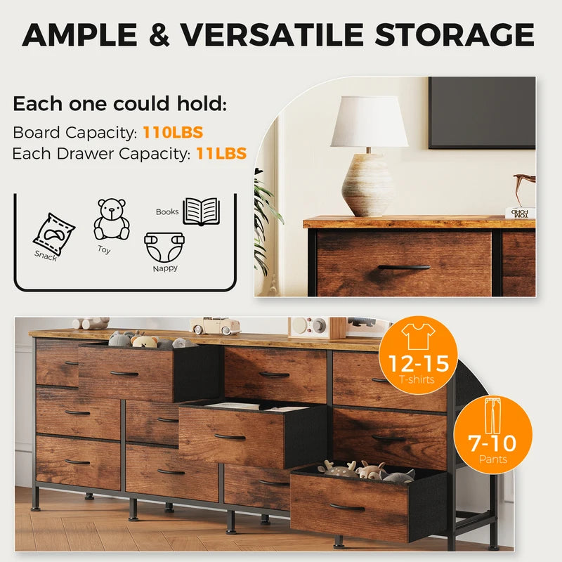 Fabric Cabinet with 12 Drawers for Living Room Bedroom Storage - Large TV Console