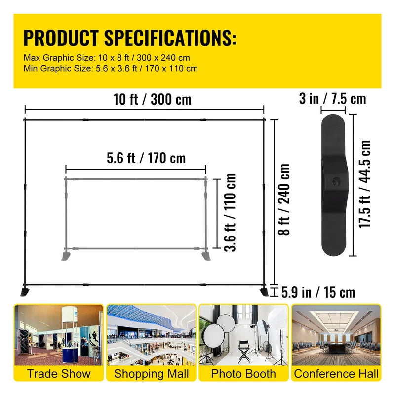 Adjustable Photo Backdrop Stand 10x8FT for Events Weddings Trade Shows