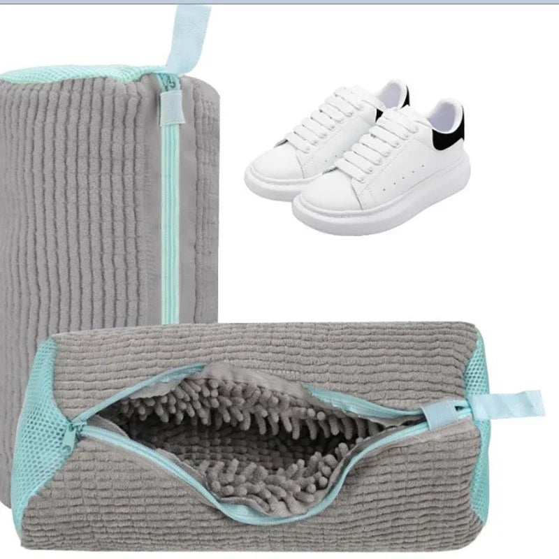 Fluffy Fiber Shoe Washing Bag with Zipper - 360° Surround Cleaning Reusable Laundry Protects Shoes