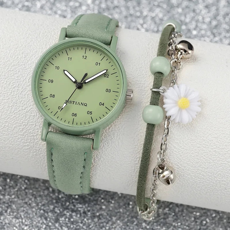 Women’s Fashion Quartz Watch and Bracelet Set with Leather Strap - Multiple Colors