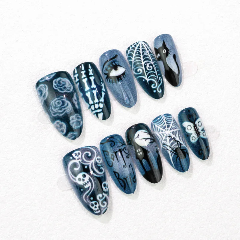 Halloween Press On Nails Set - Gothic Skeleton Skull Spider Web Black Cat Design