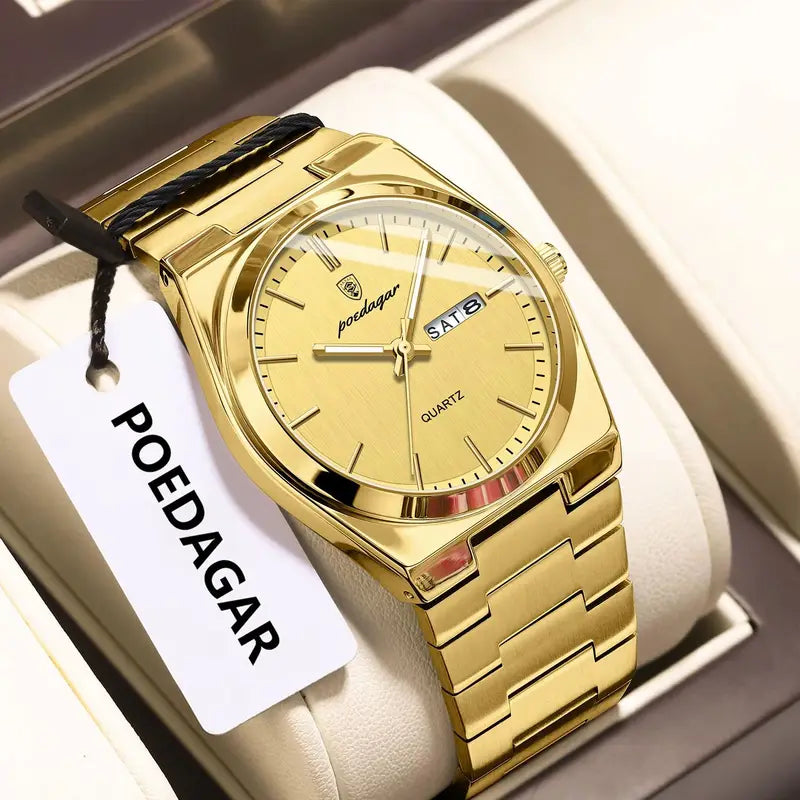 Men's Waterproof Luminous Watch with Date and Week Display - Stainless Steel Quartz Business Watch