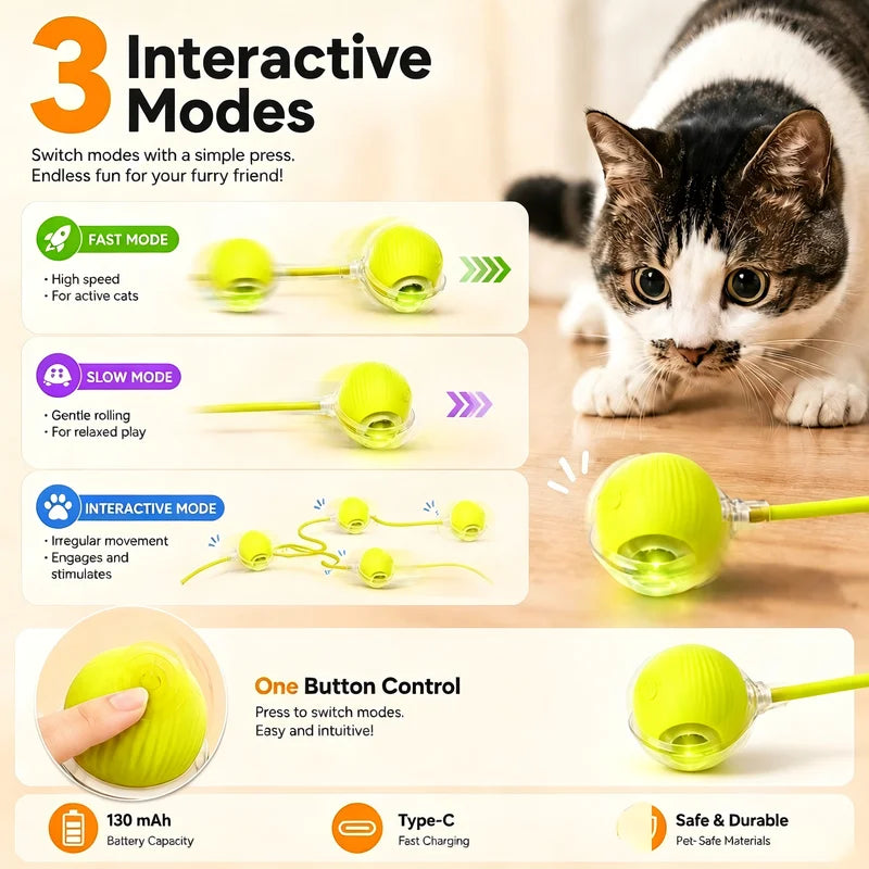 Interactive Cat Toy Ball with Obstacle Avoidance & Adjustable Speed - Rechargeable Electric Self-Rolling Ball with Elastic Rope