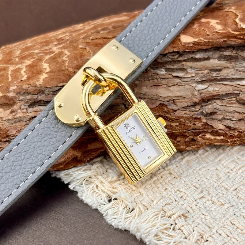 Women's Leather Watch with Edgy Padlock Dial and Soft Strap - Personalized Fashion Accessory