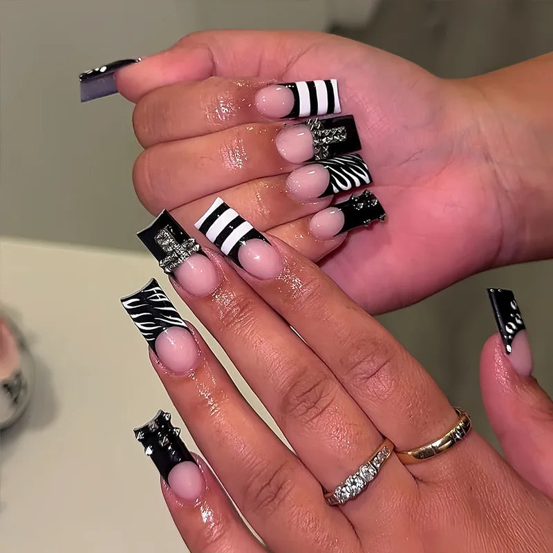24PCS Gothic Punk Style Fake Nails with Black White Strip Coffin Shape Press-On Nails