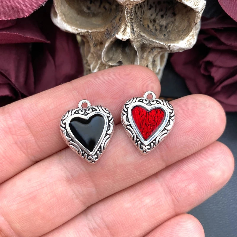 10pcs Enamel Heart Charm Pendants for Jewelry Making - Red & Black Vintage Style