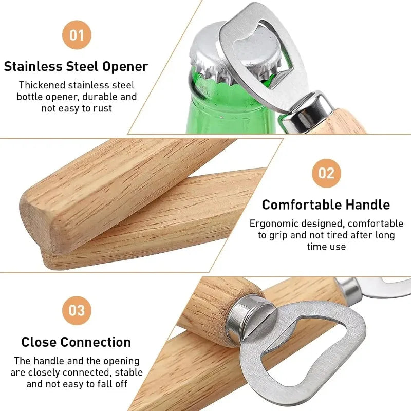 Stainless Steel Wooden Bottle Opener Set - Durable Barware for Home & Party