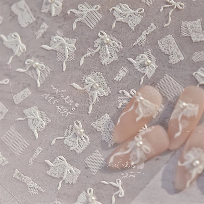 5D Diamond Nail Art Stickers with Lace Bow & Rhinestones for Manicure DIY