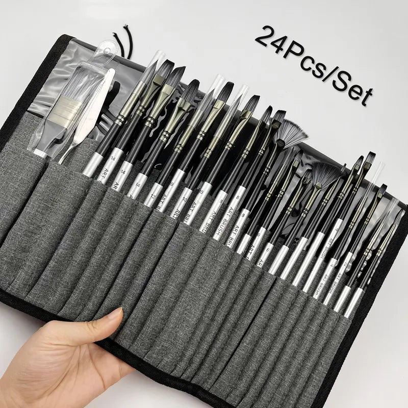 24-Piece Artist Paint Brush Set - Assorted Flat, Round, Fan & Detail Brushes with Soft Bristles
