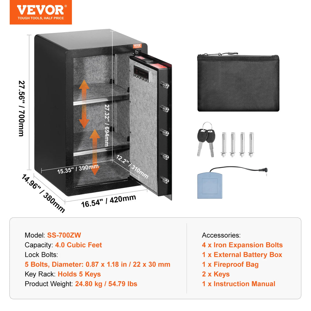 Secure Digital Safe Box with Key, Password & Fingerprint Lock - 4.0 Cu.Ft