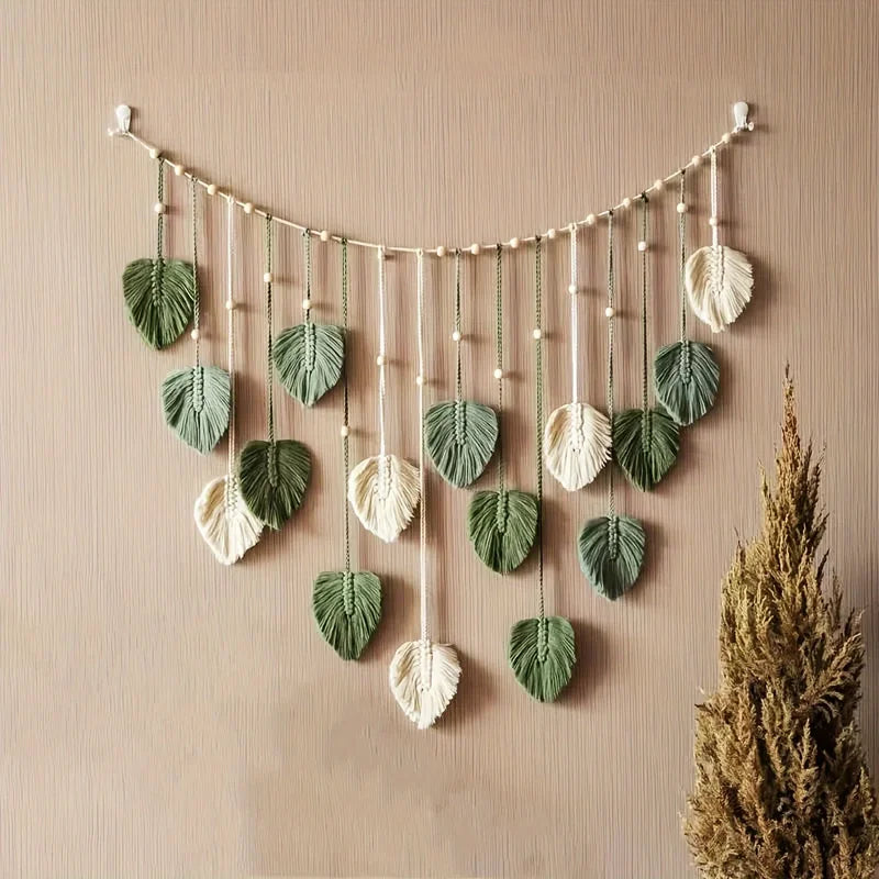 Woven Wall Decor with Green Leaves and Feathers - Bohemian Style Home Art
