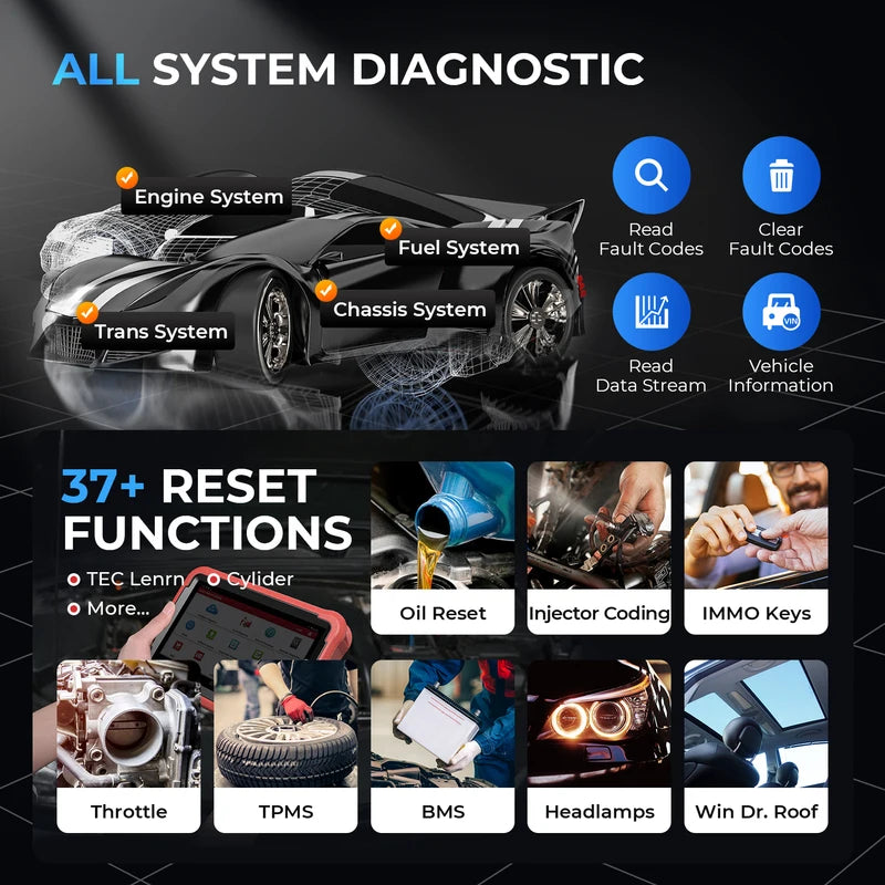 All System Car Diagnostic Scanner with ECU Coding & Reset Functions - Automotive OBD2 Tool