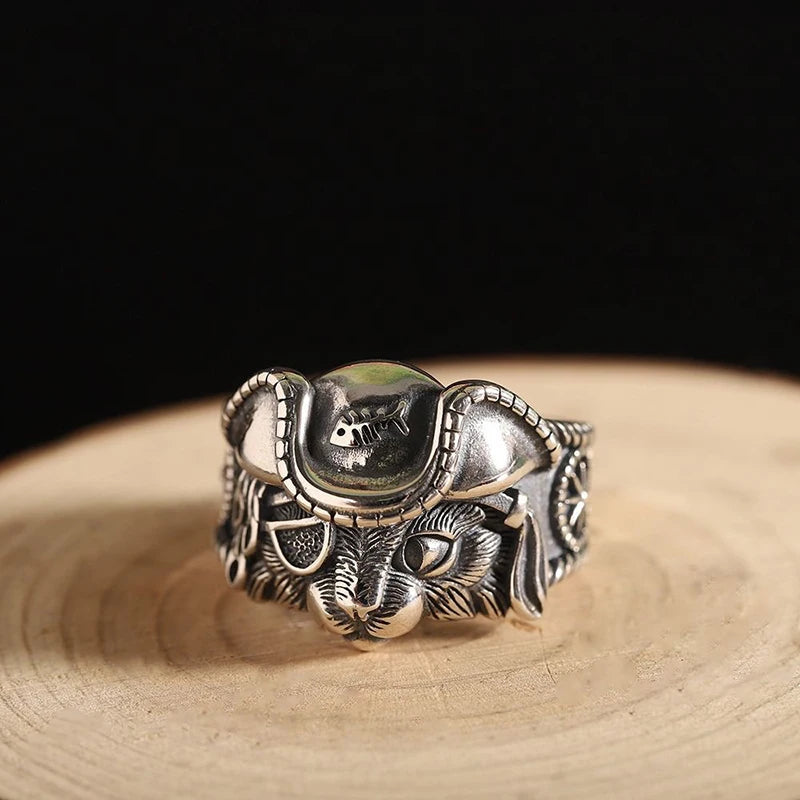 Unisex Retro Pirate Cat Ring - Silver Punk Gothic Adjustable Jewelry