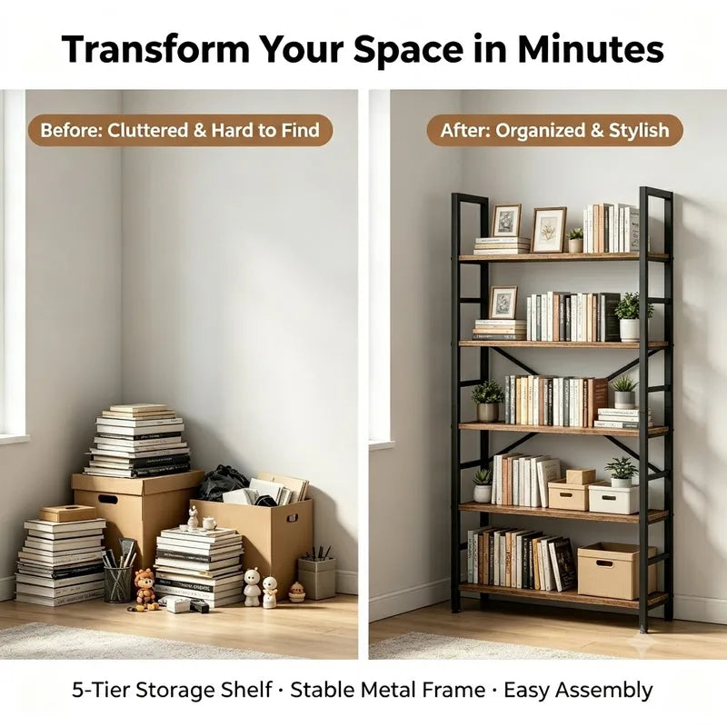 Industrial Wooden Bookcase Storage Shelf with Metal Frame - 5 & 6 Tier Freestanding Organizer