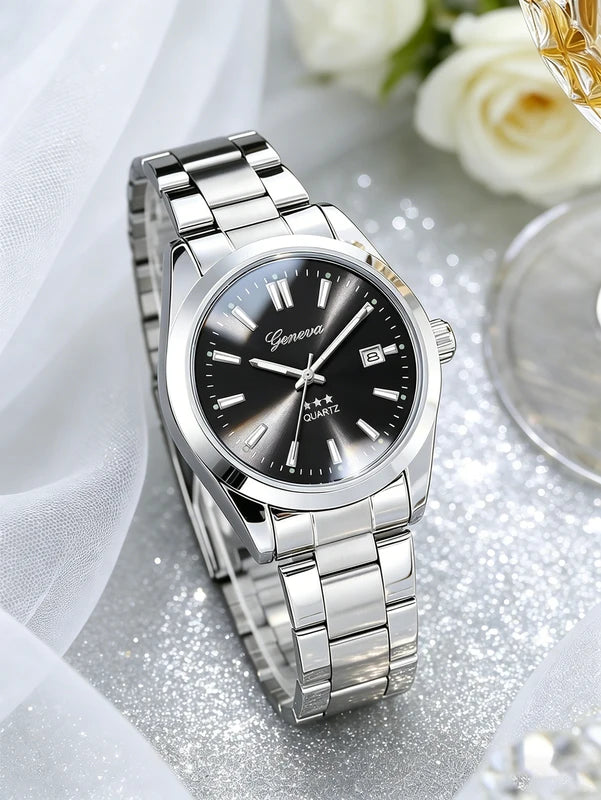Ladies Quartz Watch with Steel Band, Calendar, Minimalist Design - Daily Fashion Accessory