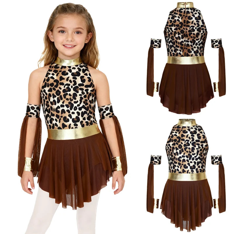 Kids Girls Prehistoric Cave Leopard Print Metallic Dress with Oversleeves Costume