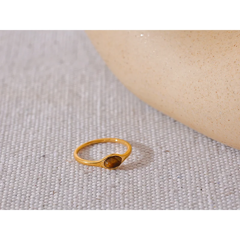 Minimalist Natural Stone Stainless Steel Gold Ring for Women Waterproof Jewelry Gift