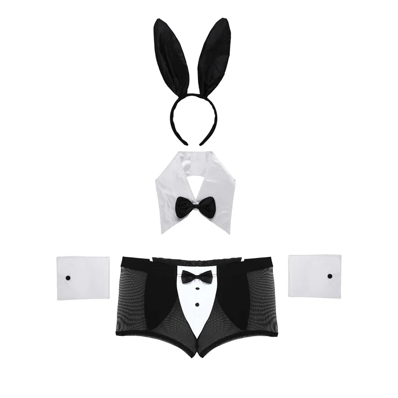 Men's Bunny Cosplay Costume Set with Sheer Boxer Briefs Rabbit Ears Headband and Accessories