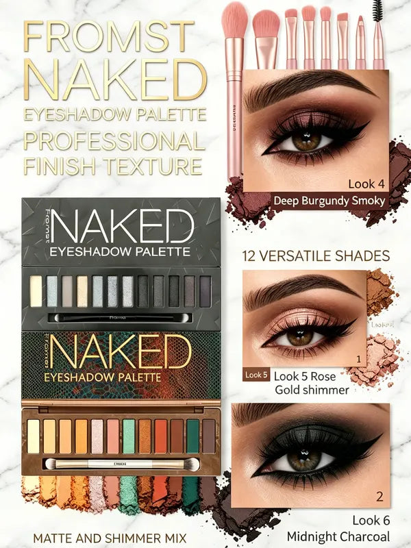 12-Color Eyeshadow Palette with 8 Makeup Brushes - Smoky & Warm Tones, Long Wear