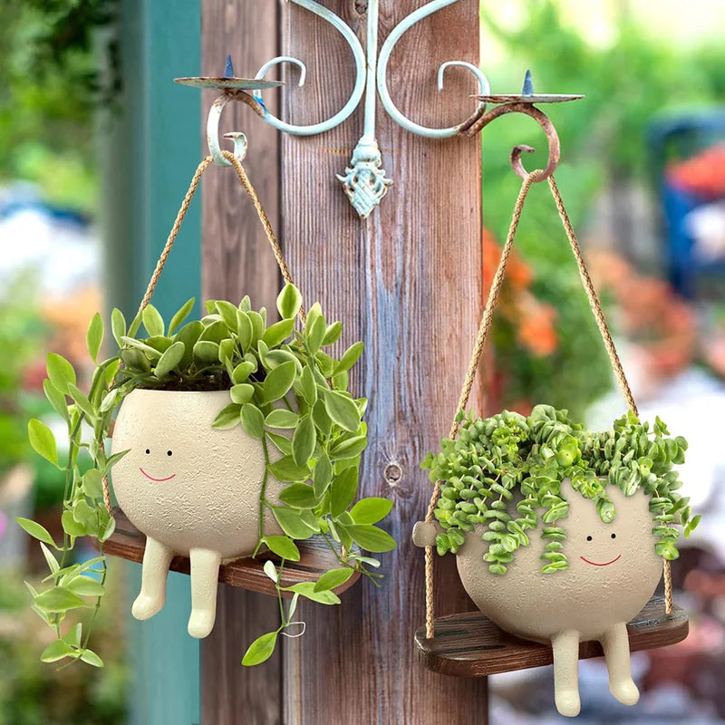 Wall Hanging Face Plant Pot - Resin Swing Planter for Succulents & Flowers