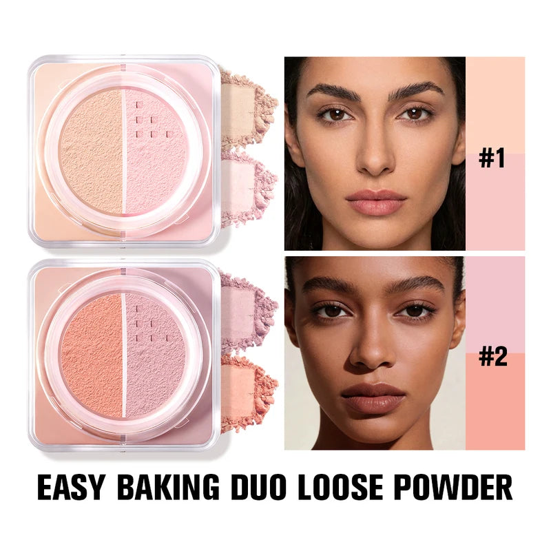 2-in-1 Loose Powder Duo Brightening & Correcting Face Makeup - Matte Finish, Long Lasting