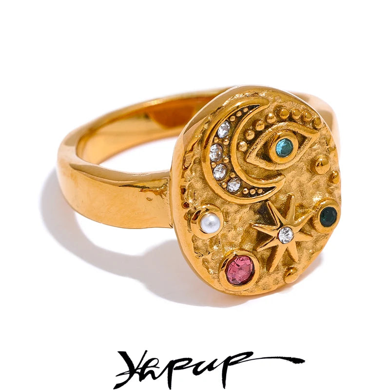Colorful CZ Star Moon Eye Charm Ring - Celestial Jewelry for Women
