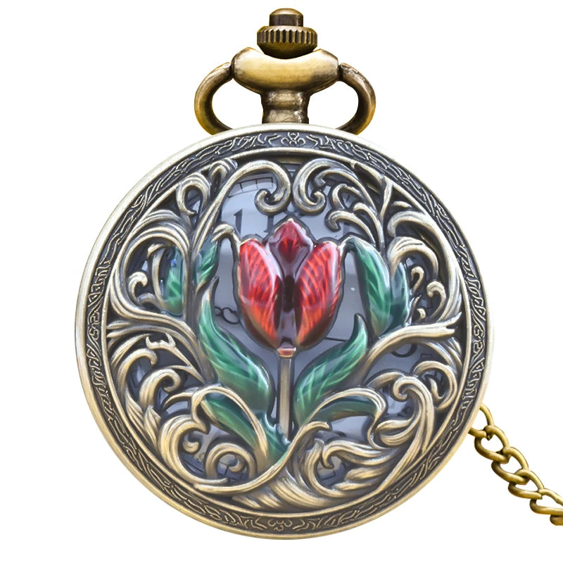 Retro Bronze Steampunk Floral Pocket Watch Necklace - Carving Flip-Top Gift