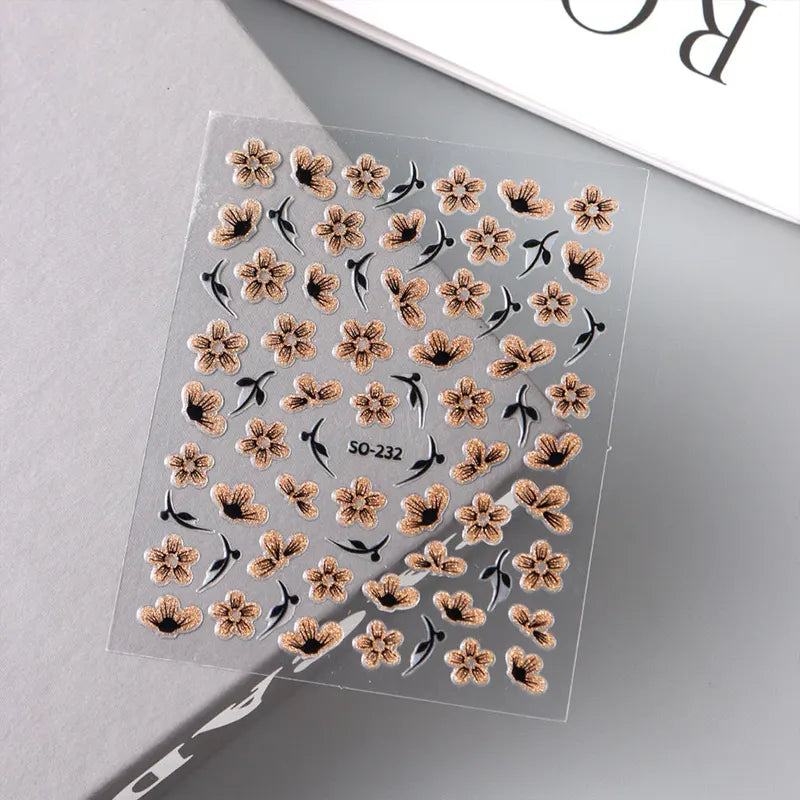 2 Pack Gold Black Glitter Flower Nail Decals - Watercolor Floral Stickers