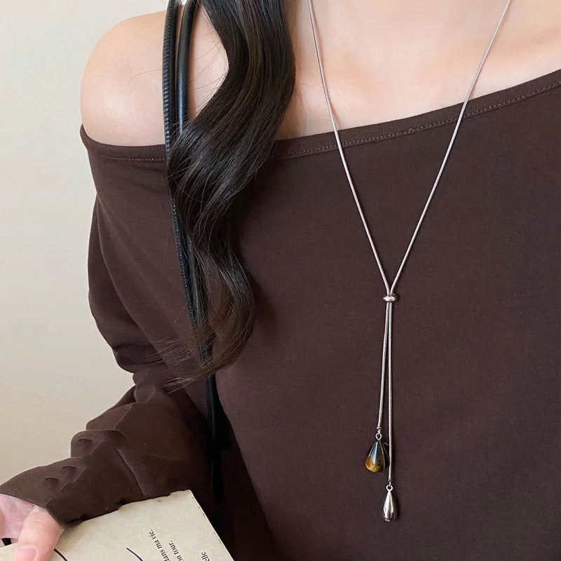 Retro Tiger's-Eye Stone Water Drop Pendant Necklace for Women Adjustable Jewelry Gift