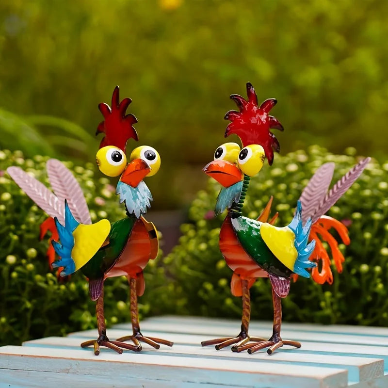 Funny Chicken Metal Garden Statue - Rooster Yard Decor Figurine
