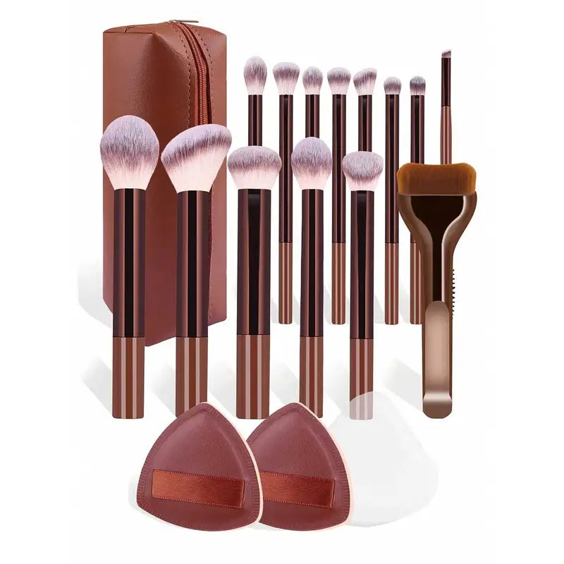 17-Piece Professional Makeup Brush Set with Aluminum Handles - Soft Wool Fiber Brushes for Face & Eyes
