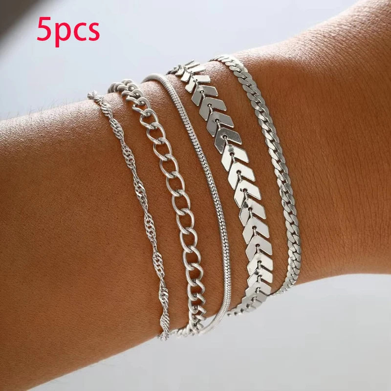 Silver Color Chain Bead Bracelets Set for Women - Elegant Casual Jewelry, Versatile for Beach, Vacation & Parties