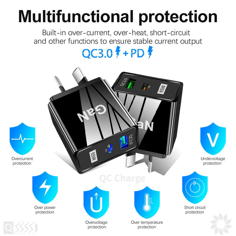 65W USB Wall Charger with QC3.0 and PD Fast Charging for Mobile Phones