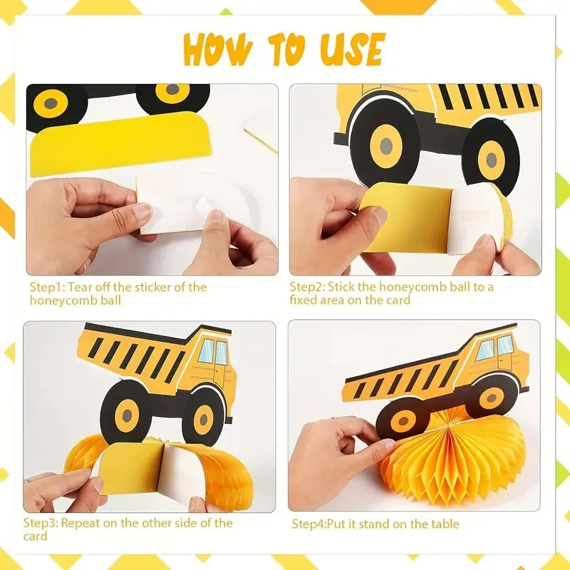 8-Pack Honeycomb Table Decorations for Party, Vehicle Excavator Design