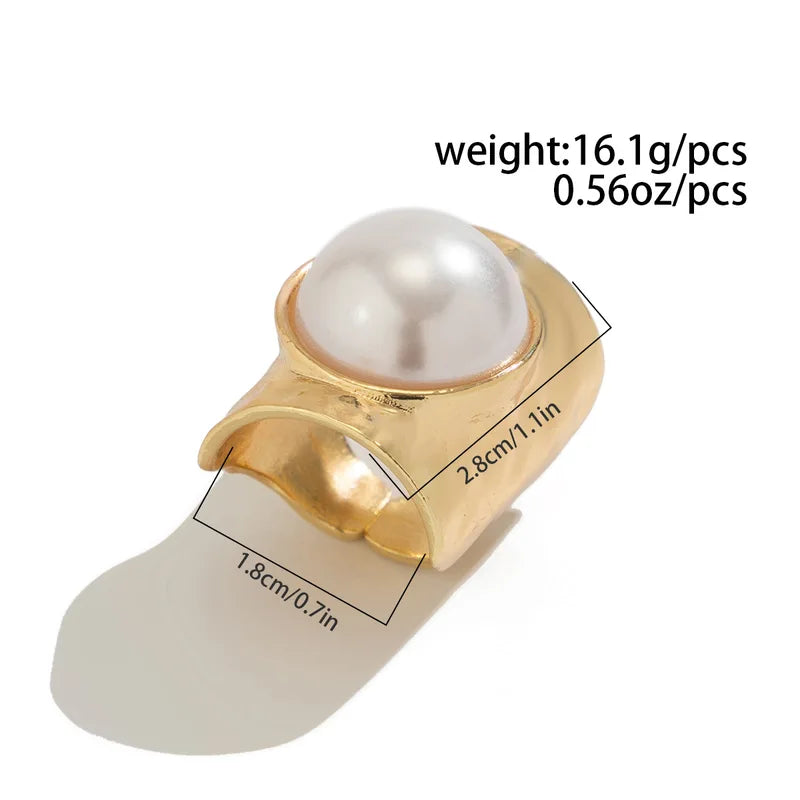 Adjustable Metal Wide Open Rings for Women & Men with Imitation Pearl & Geometric Design