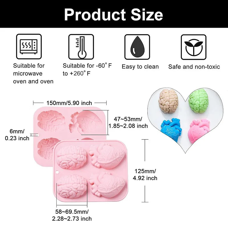 Human Heart & Brain Silicone Molds for Halloween Candy & Cake Decoration