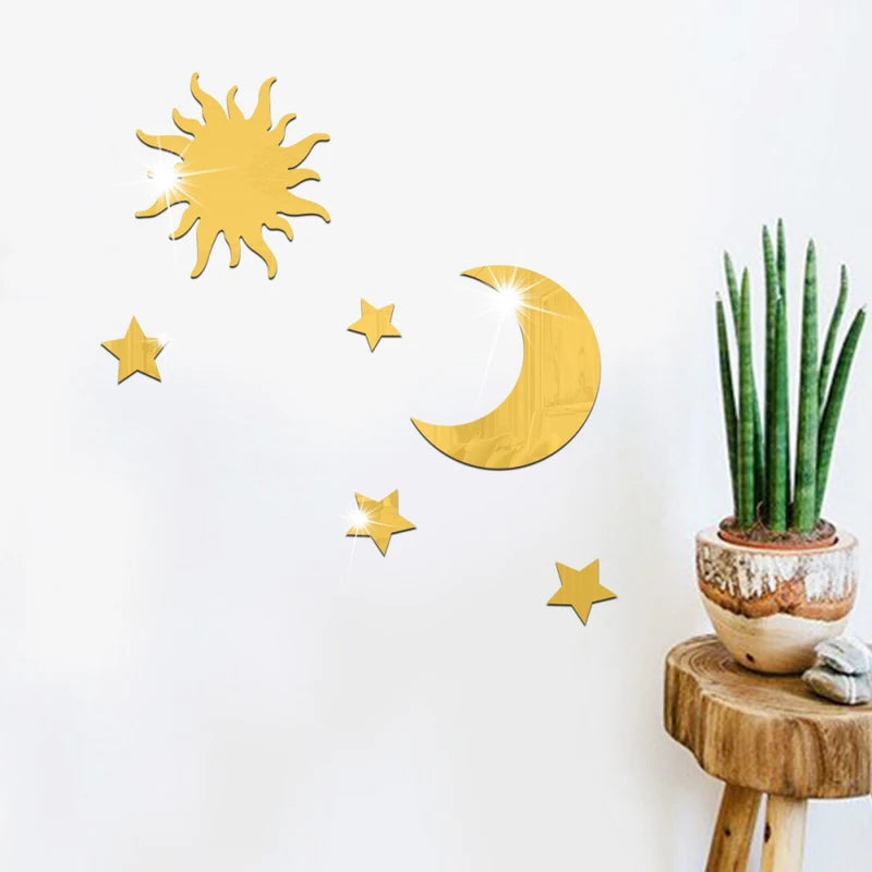 6PCS Star Moon Acrylic Mirror Wall Stickers - Self-Adhesive Decor for Bedroom & Living Room