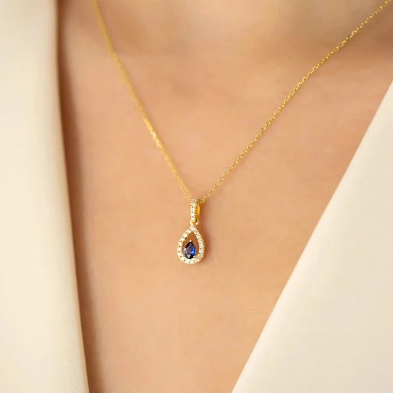 Gold Color Waterdrop Pendant Necklace with Blue Cubic Zirconia for Women