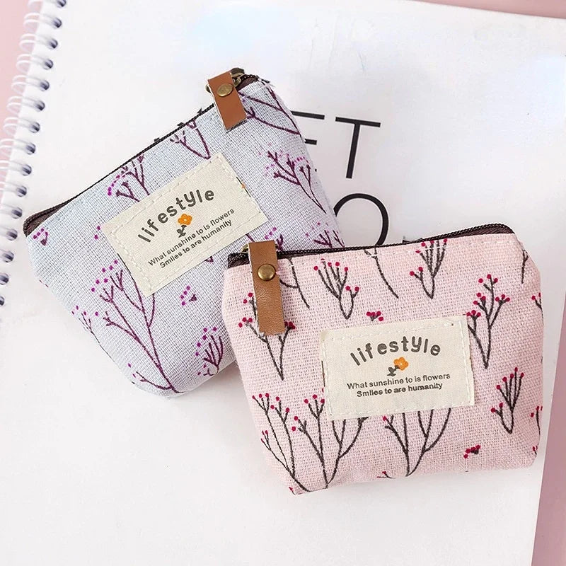 Kawaii Coin Purse Canvas Mini Floral Clutch Bag for Women Girls Kids